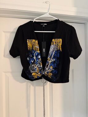 Fashion Nova Black Graphic O-ring Crop Top with chains